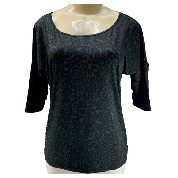 Maurices S Black- Brown Animal Print Scoop Neckline Caged Back Half Sleeve Top - Picture 2 of 5